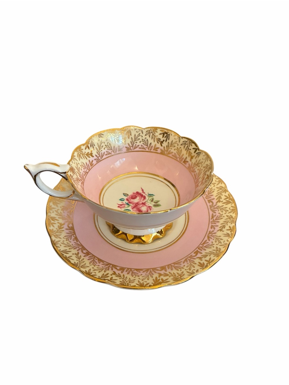 Elegant Pink and Gold Floral Teacup and Saucer